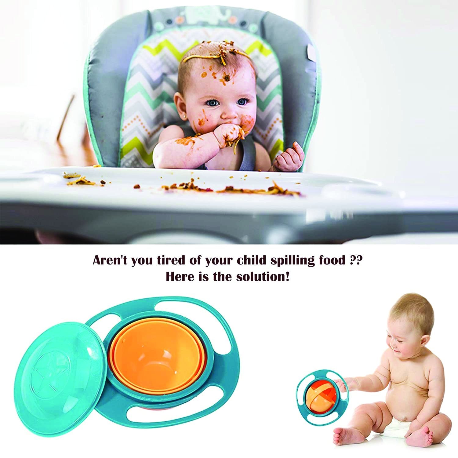 Toddler using a 360 rotating gyro bowl